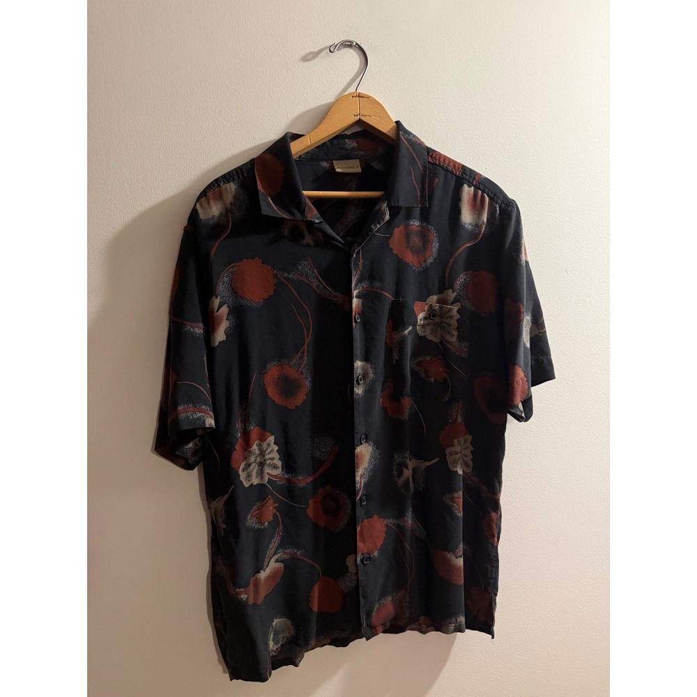 AXIST Mens 100% Silk Short Sleeve Button Down Floral Camp Shirt Black Medium